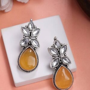 ZENEME Oxidised Silver-Plated American Diamond studded Oval Shaped Drop Earrings Jewellery For Girls and Women